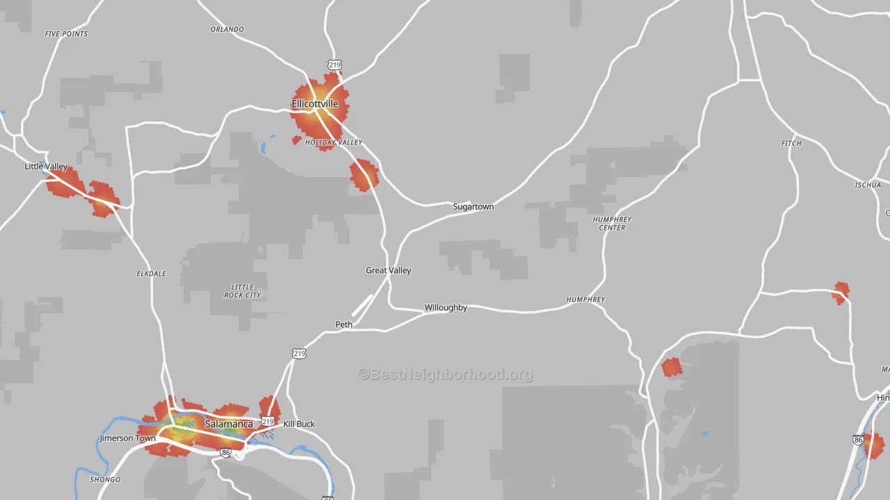 Walk Grade map of Cattaraugus County, NY, walkable areas in green and car-dependent areas in red