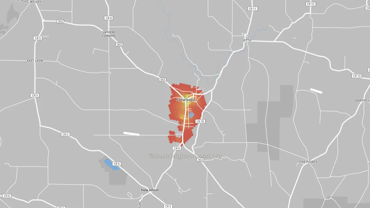 Walk Grade map of Cattaraugus, NY, walkable areas in green and car-dependent areas in red