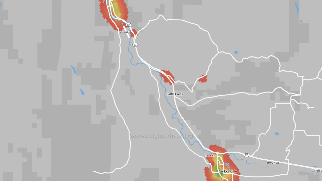Walk Grade map of Cattle Creek, CO, walkable areas in green and car-dependent areas in red
