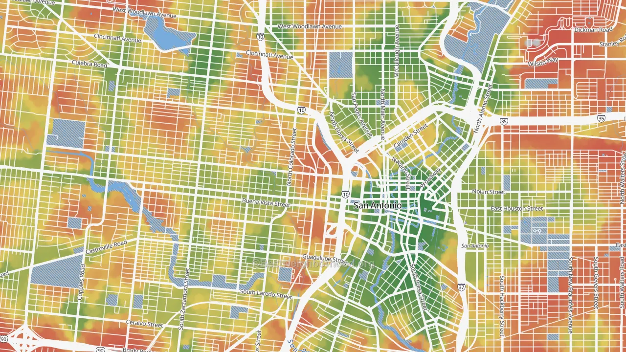 Walk Grade map of Cattleman Square, San Antonio, TX, walkable areas in green and car-dependent areas in red