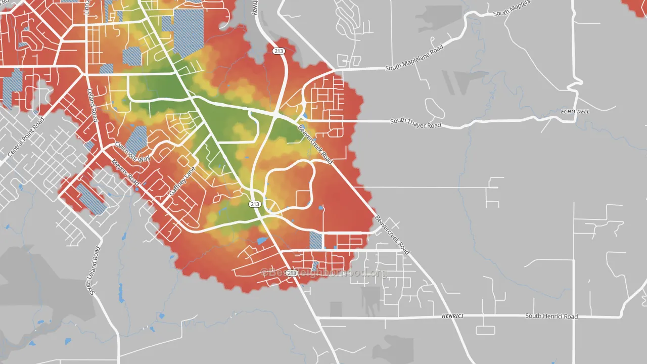 Walk Grade map of Caufield, Oregon City, OR, walkable areas in green and car-dependent areas in red
