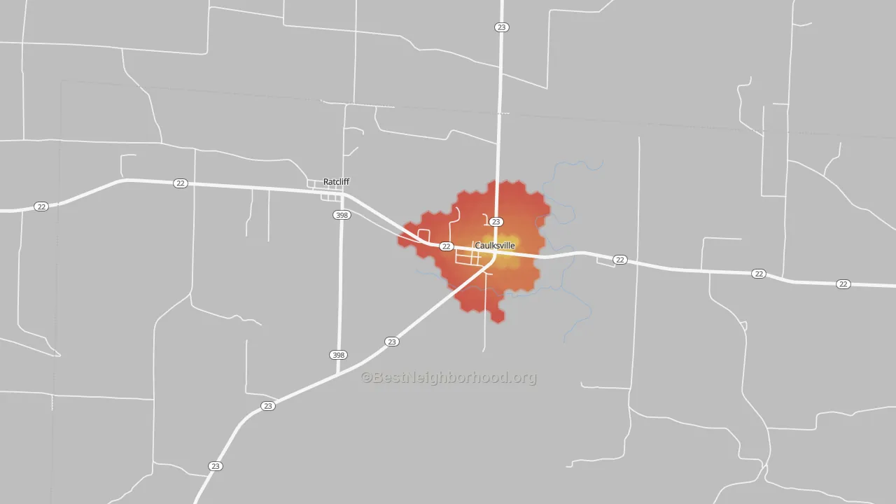 Walk Grade map of Caulksville, AR, walkable areas in green and car-dependent areas in red