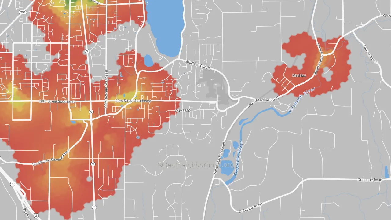 Walk Grade map of Cavalero, WA, walkable areas in green and car-dependent areas in red