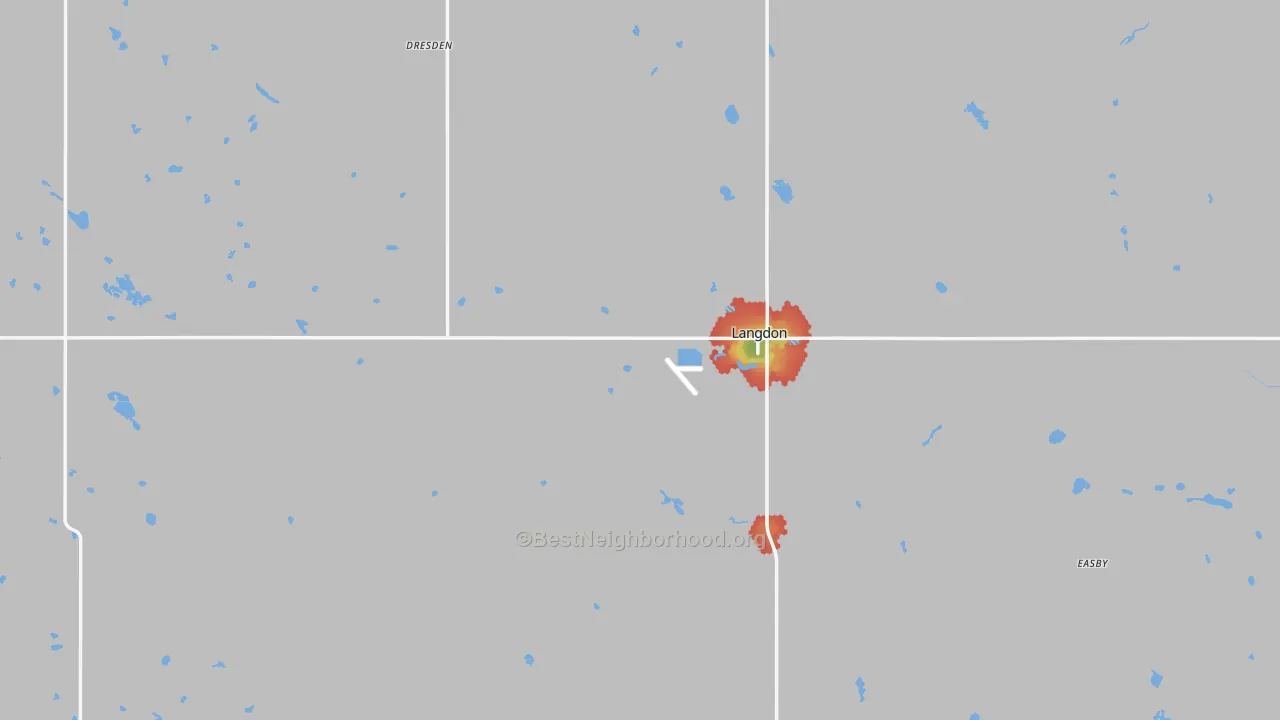 Walk Grade map of Cavalier County, ND, walkable areas in green and car-dependent areas in red