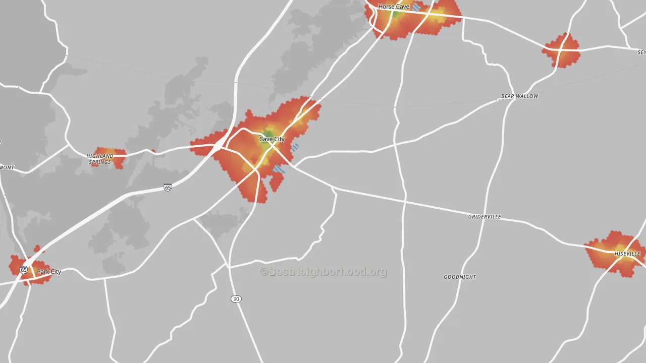 Walk Grade map of Cave City, KY, walkable areas in green and car-dependent areas in red
