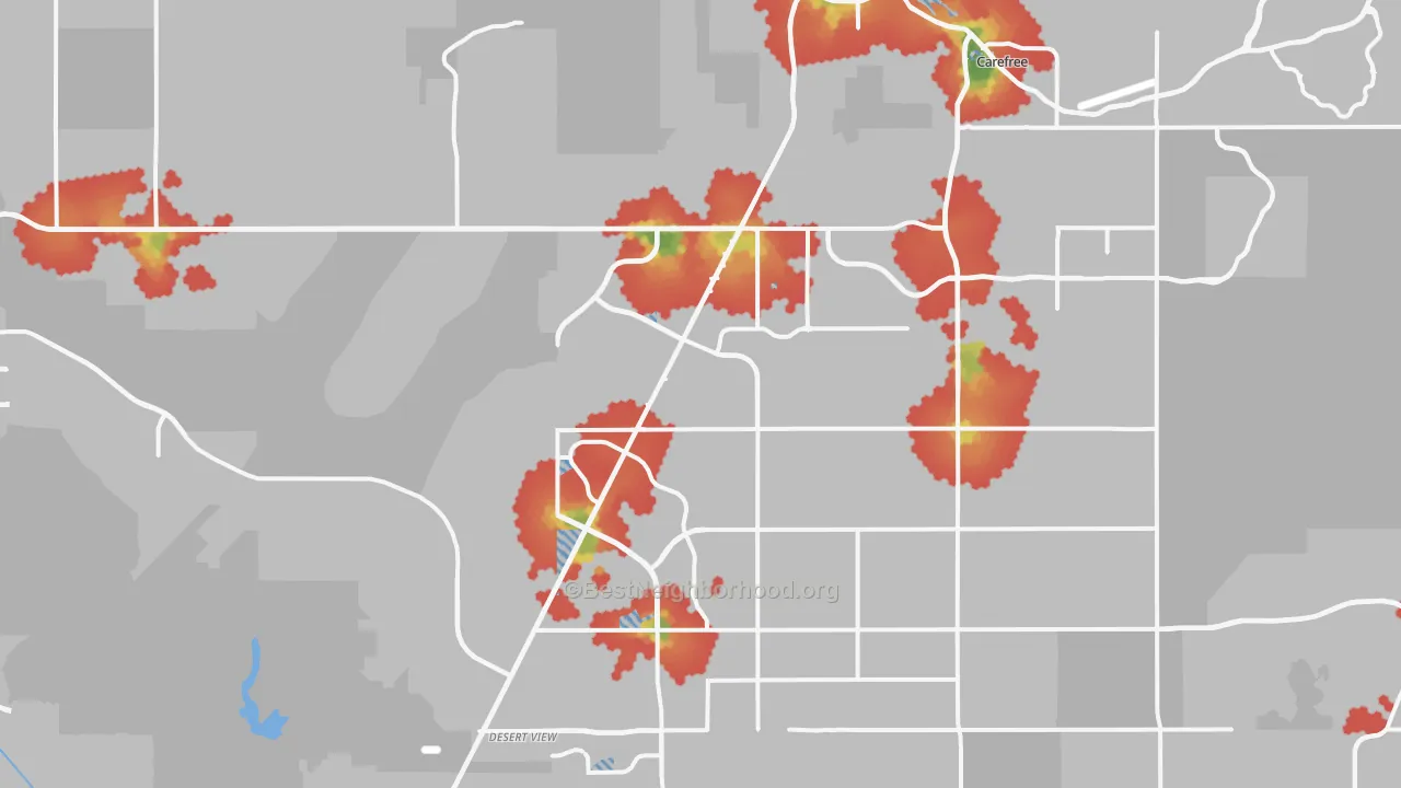 Walk Grade map of Cave Creek, AZ, walkable areas in green and car-dependent areas in red