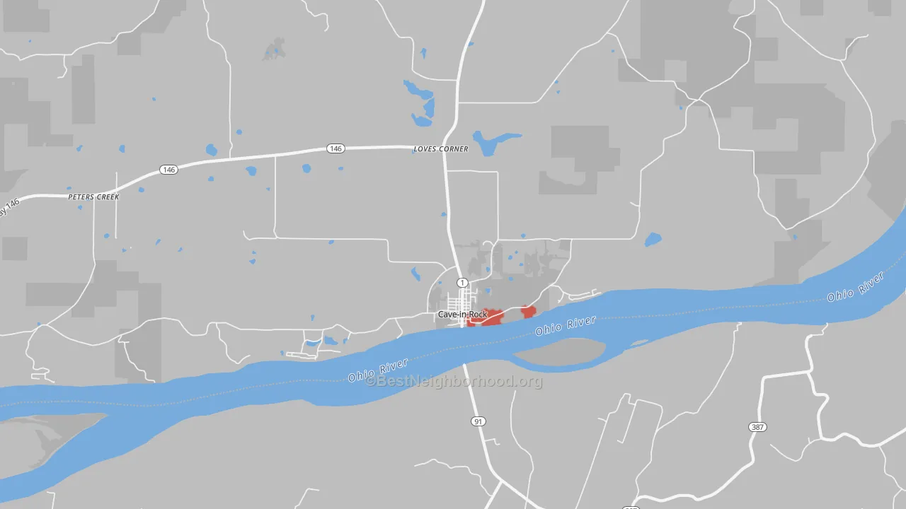 Walk Grade map of Cave In Rock, IL, walkable areas in green and car-dependent areas in red