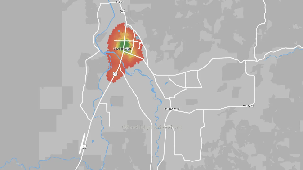 Walk Grade map of Cave Junction, OR, walkable areas in green and car-dependent areas in red