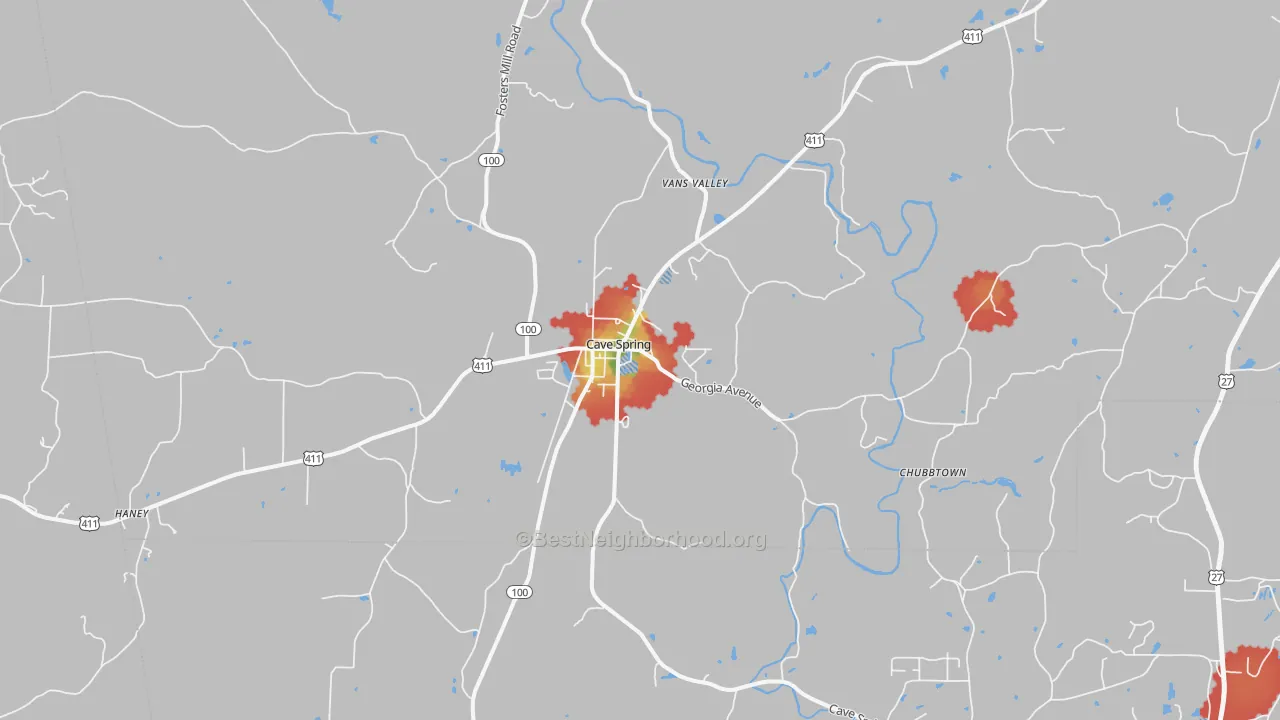 Walk Grade map of Cave Spring, GA, walkable areas in green and car-dependent areas in red