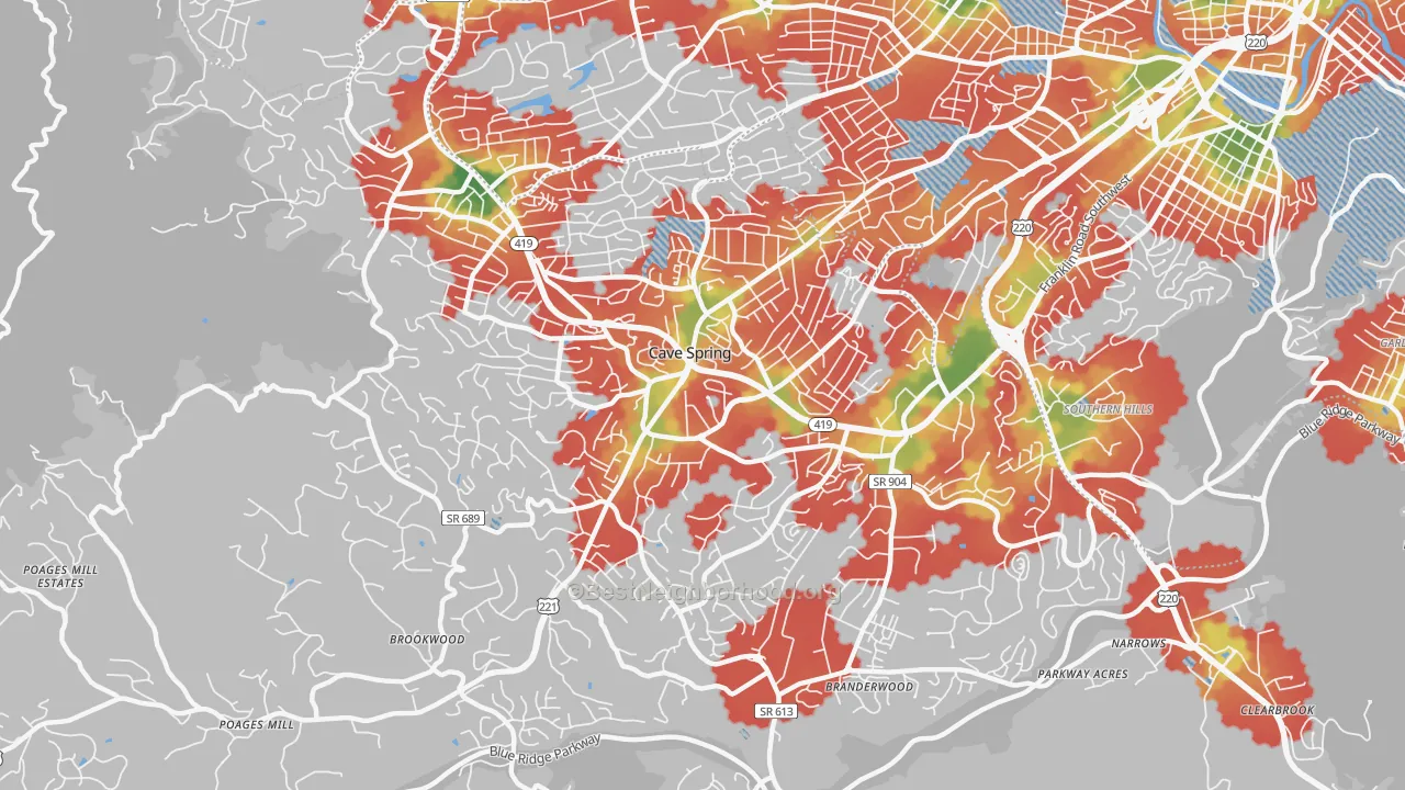 Walk Grade map of Cave Spring, VA, walkable areas in green and car-dependent areas in red