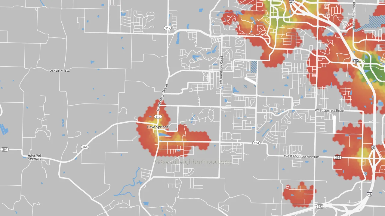 Walk Grade map of Cave Springs, AR, walkable areas in green and car-dependent areas in red