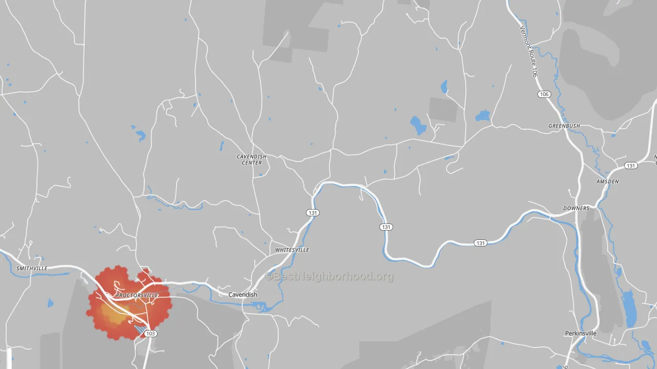 Walk Grade map of Cavendish, VT, walkable areas in green and car-dependent areas in red