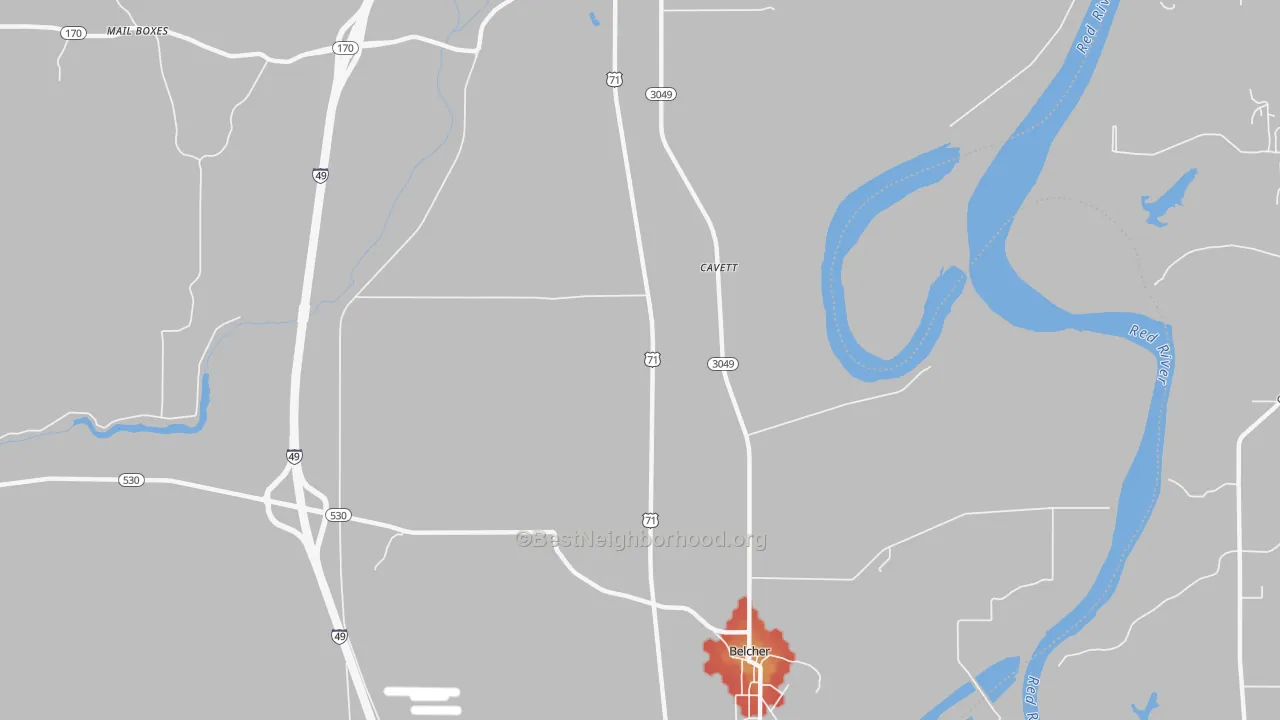 Walk Grade map of Cavett, LA, walkable areas in green and car-dependent areas in red
