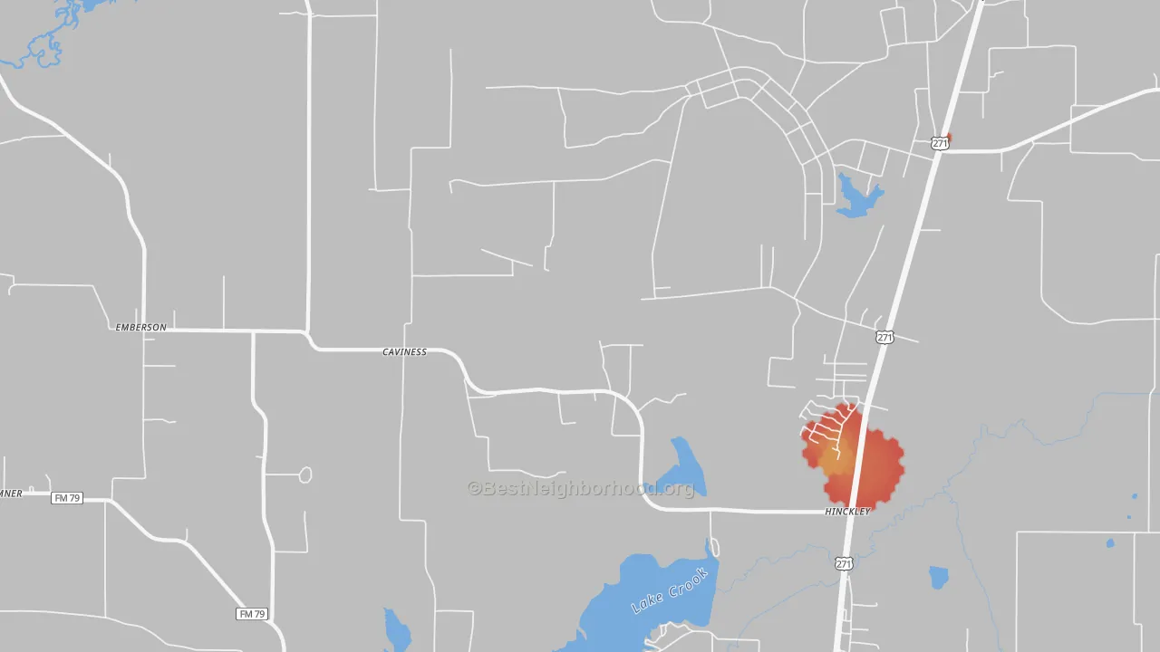 Walk Grade map of Cavines, TX, walkable areas in green and car-dependent areas in red
