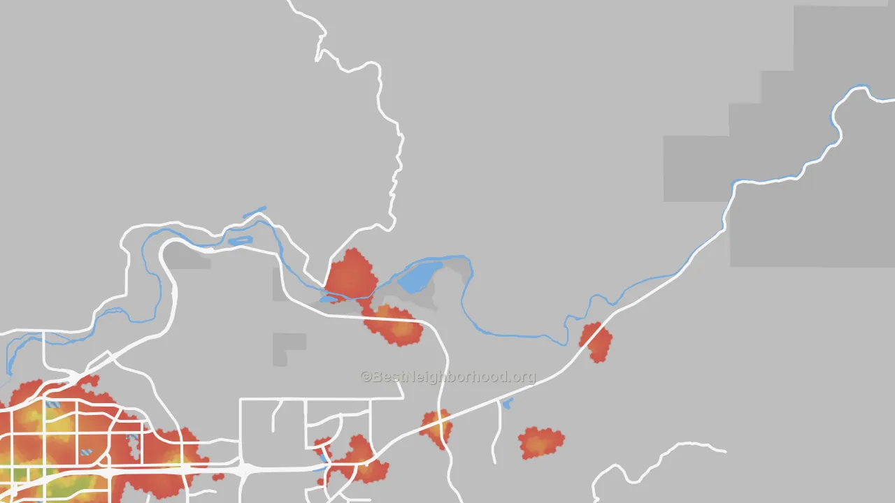 Walk Grade map of Cawelo, CA, walkable areas in green and car-dependent areas in red