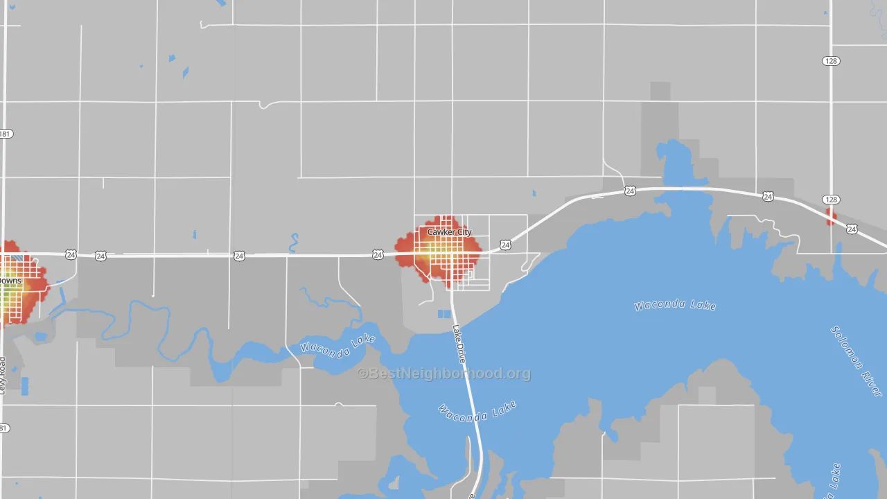 Walk Grade map of Cawker City, KS, walkable areas in green and car-dependent areas in red
