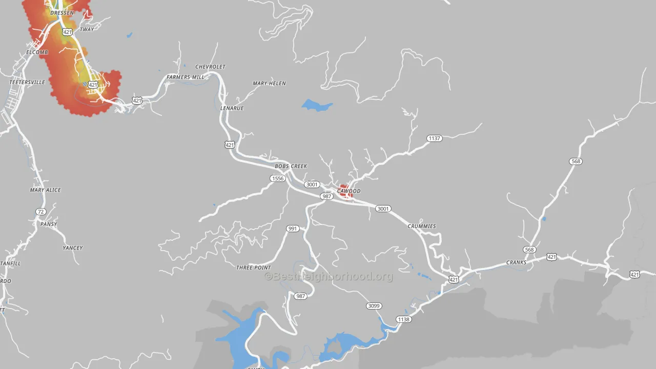 Walk Grade map of Cawood, KY, walkable areas in green and car-dependent areas in red
