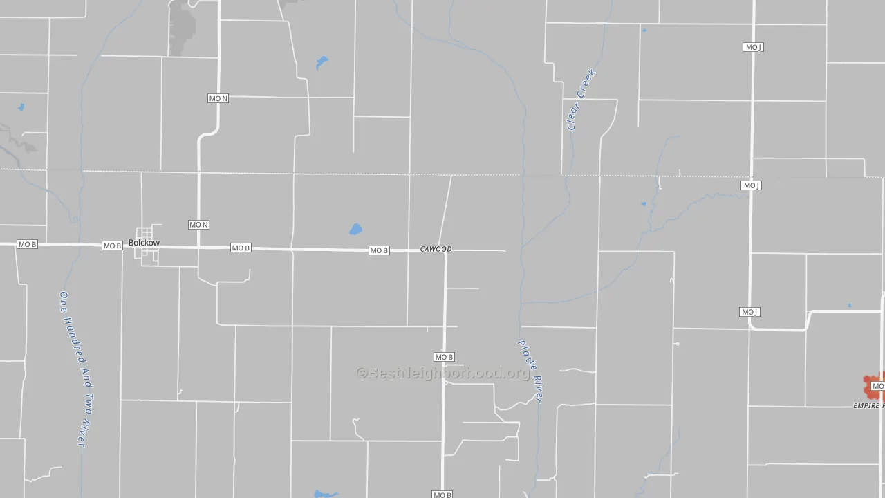 Walk Grade map of Cawood, MO, walkable areas in green and car-dependent areas in red