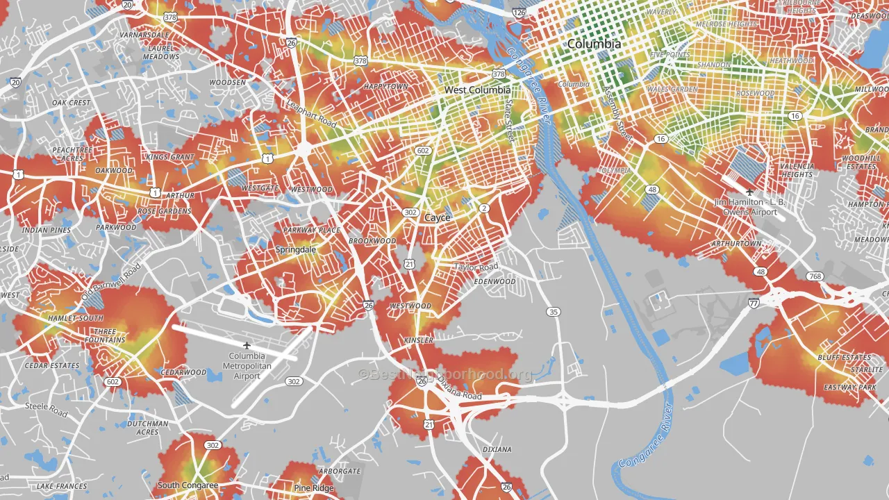 Walk Grade map of Cayce, SC, walkable areas in green and car-dependent areas in red