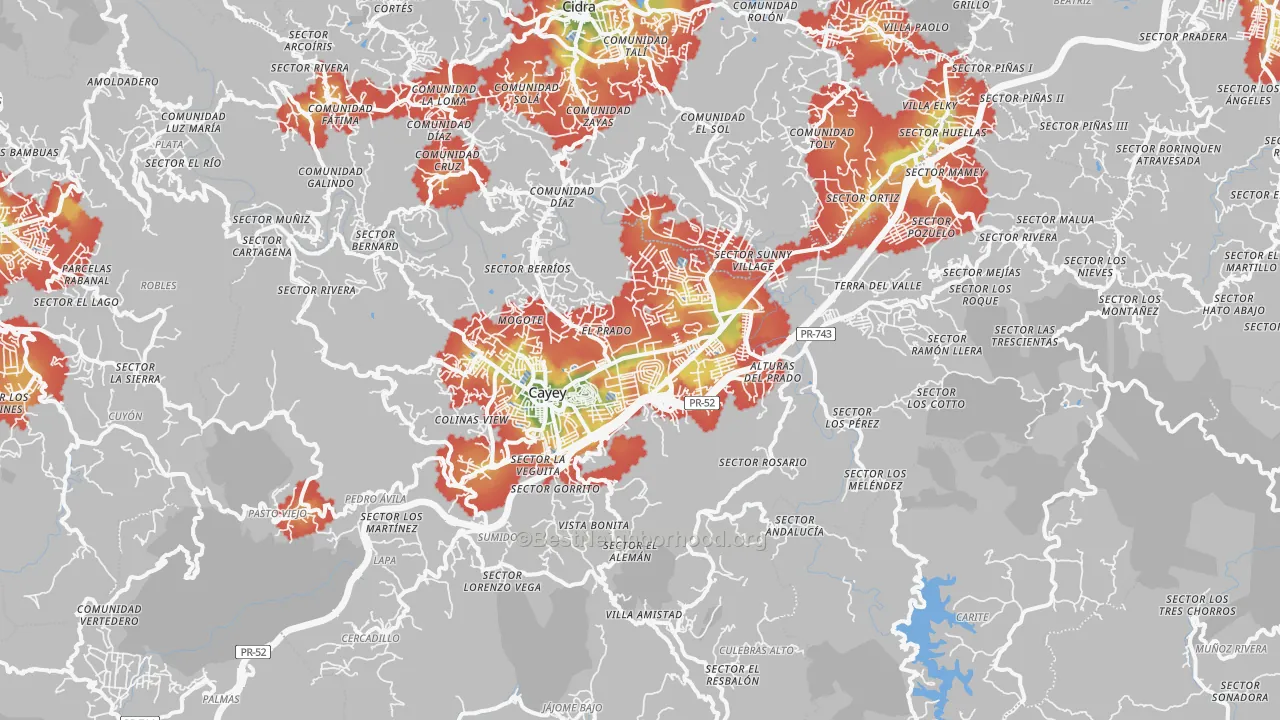 Walk Grade map of Cayey Municipio, PR, walkable areas in green and car-dependent areas in red