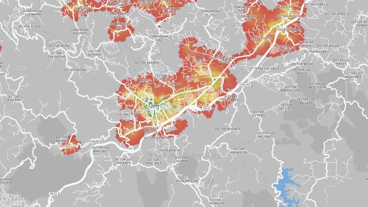 Walk Grade map of Cayey, PR, walkable areas in green and car-dependent areas in red