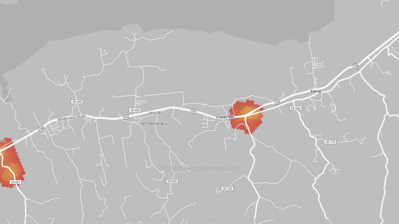 Walk Grade map of Caylor, VA, walkable areas in green and car-dependent areas in red
