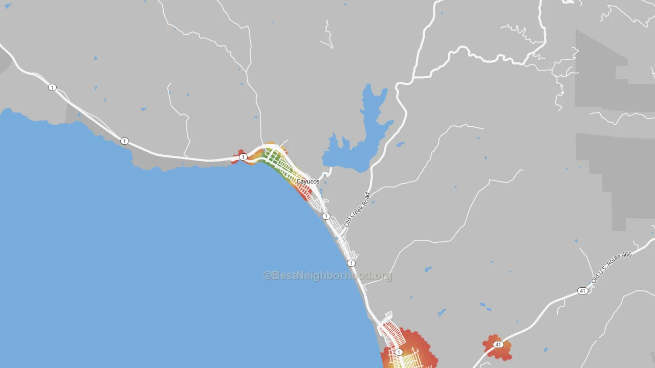 Walk Grade map of Cayucos, CA, walkable areas in green and car-dependent areas in red