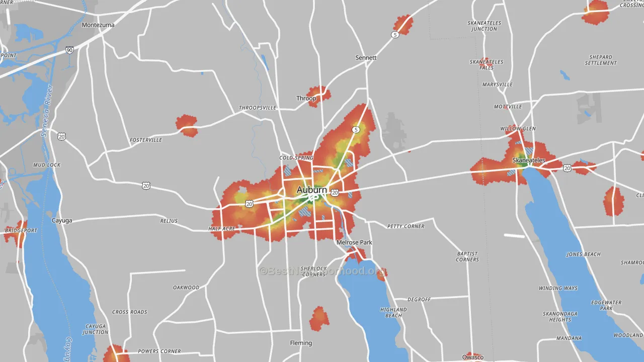 Walk Grade map of Cayuga County, NY, walkable areas in green and car-dependent areas in red