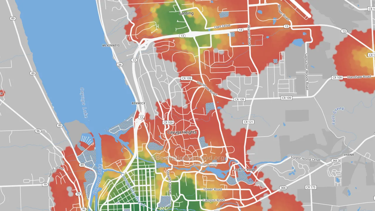 Walk Grade map of Cayuga Heights, NY, walkable areas in green and car-dependent areas in red