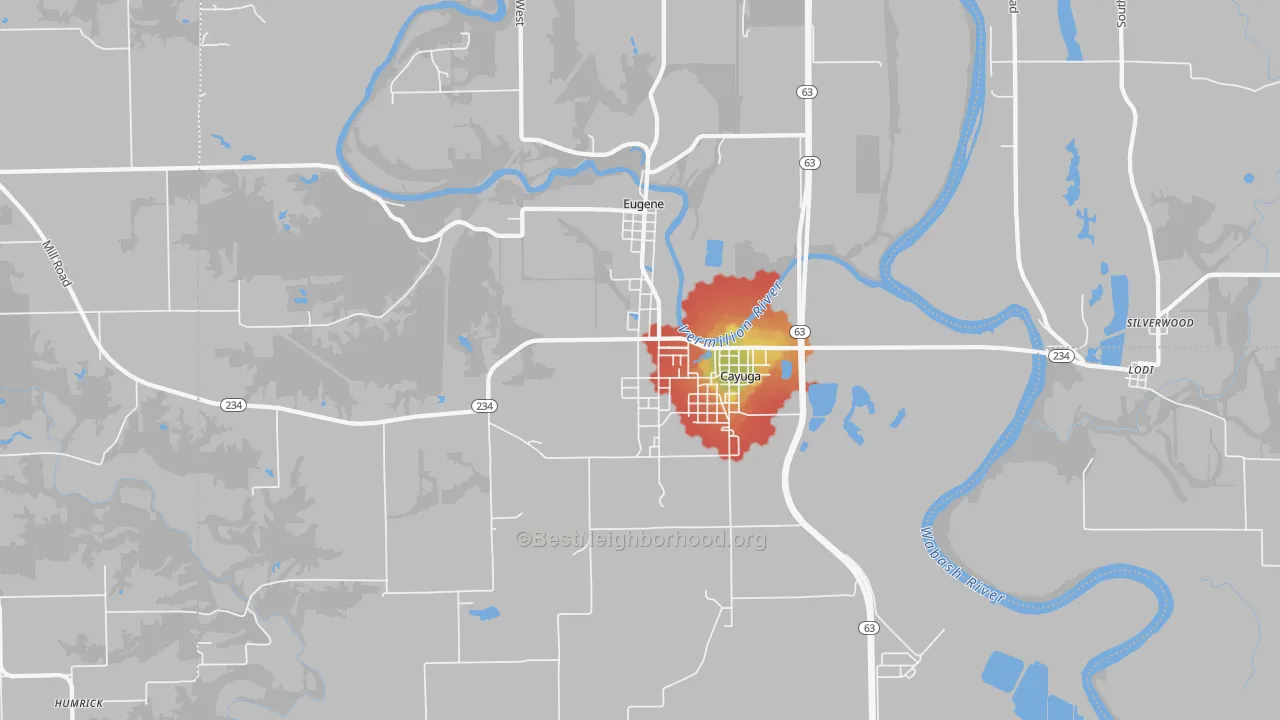 Walk Grade map of Cayuga, IN, walkable areas in green and car-dependent areas in red