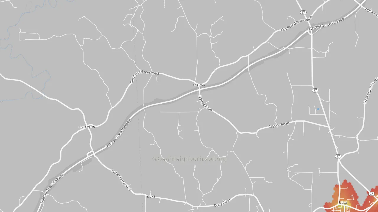 Walk Grade map of Cayuga, MS, walkable areas in green and car-dependent areas in red