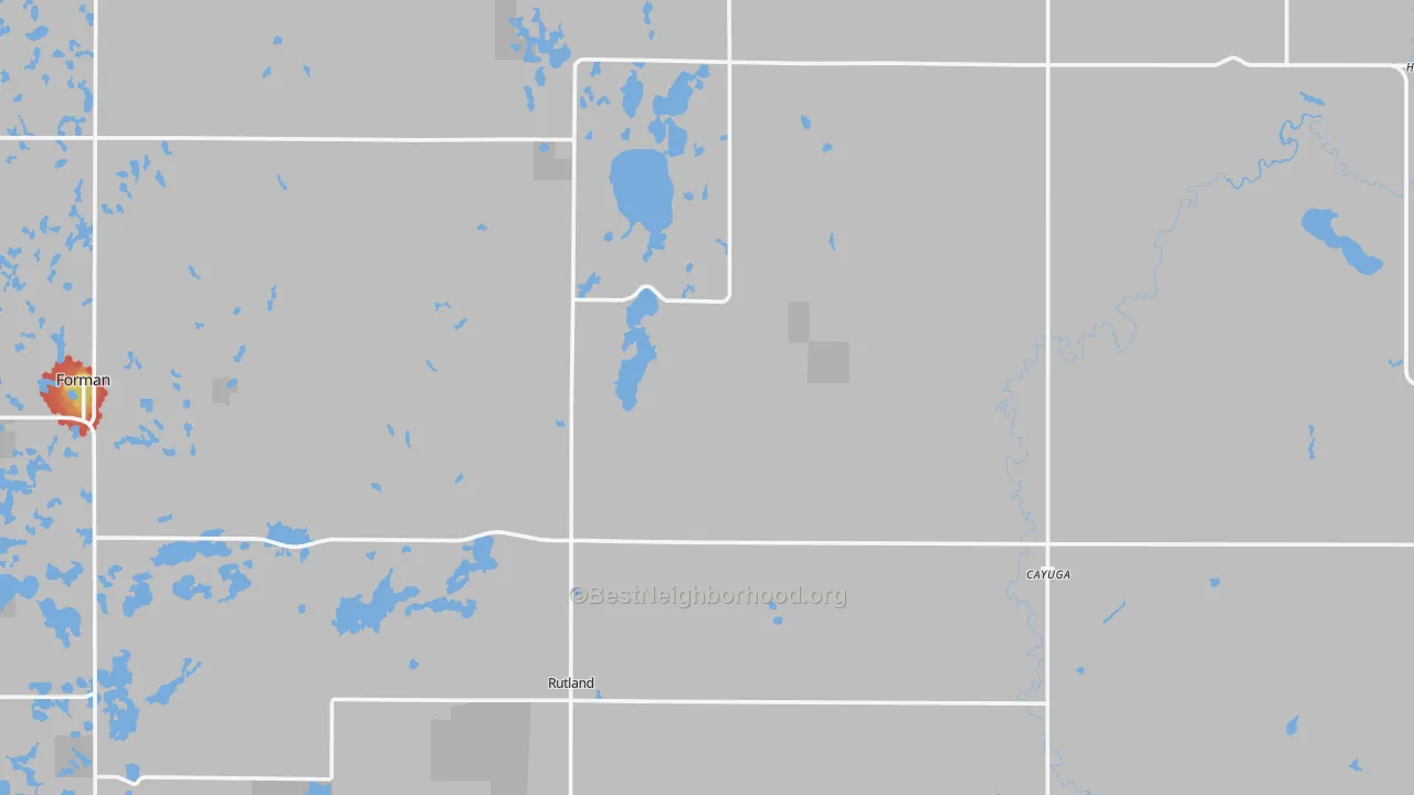Walk Grade map of Cayuga, ND, walkable areas in green and car-dependent areas in red