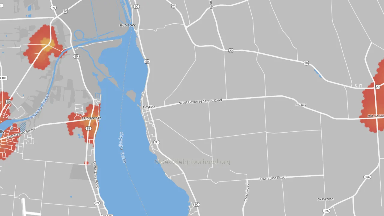 Walk Grade map of Cayuga, NY, walkable areas in green and car-dependent areas in red