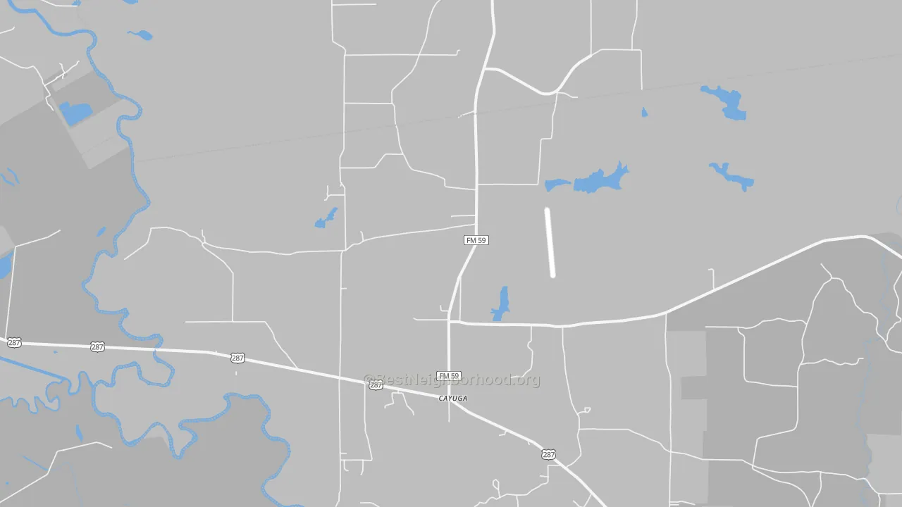 Walk Grade map of Cayuga, TX, walkable areas in green and car-dependent areas in red