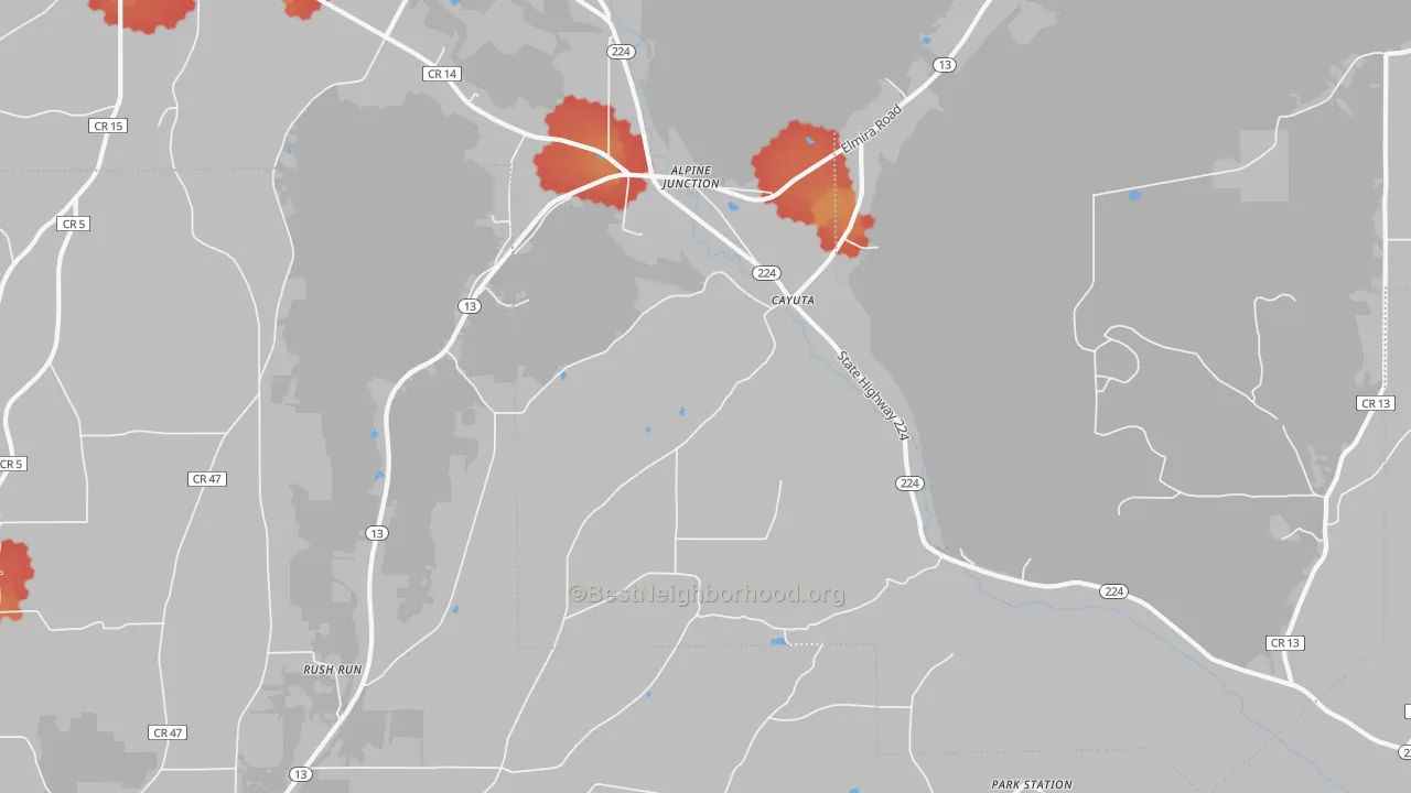 Walk Grade map of Cayuta, NY, walkable areas in green and car-dependent areas in red