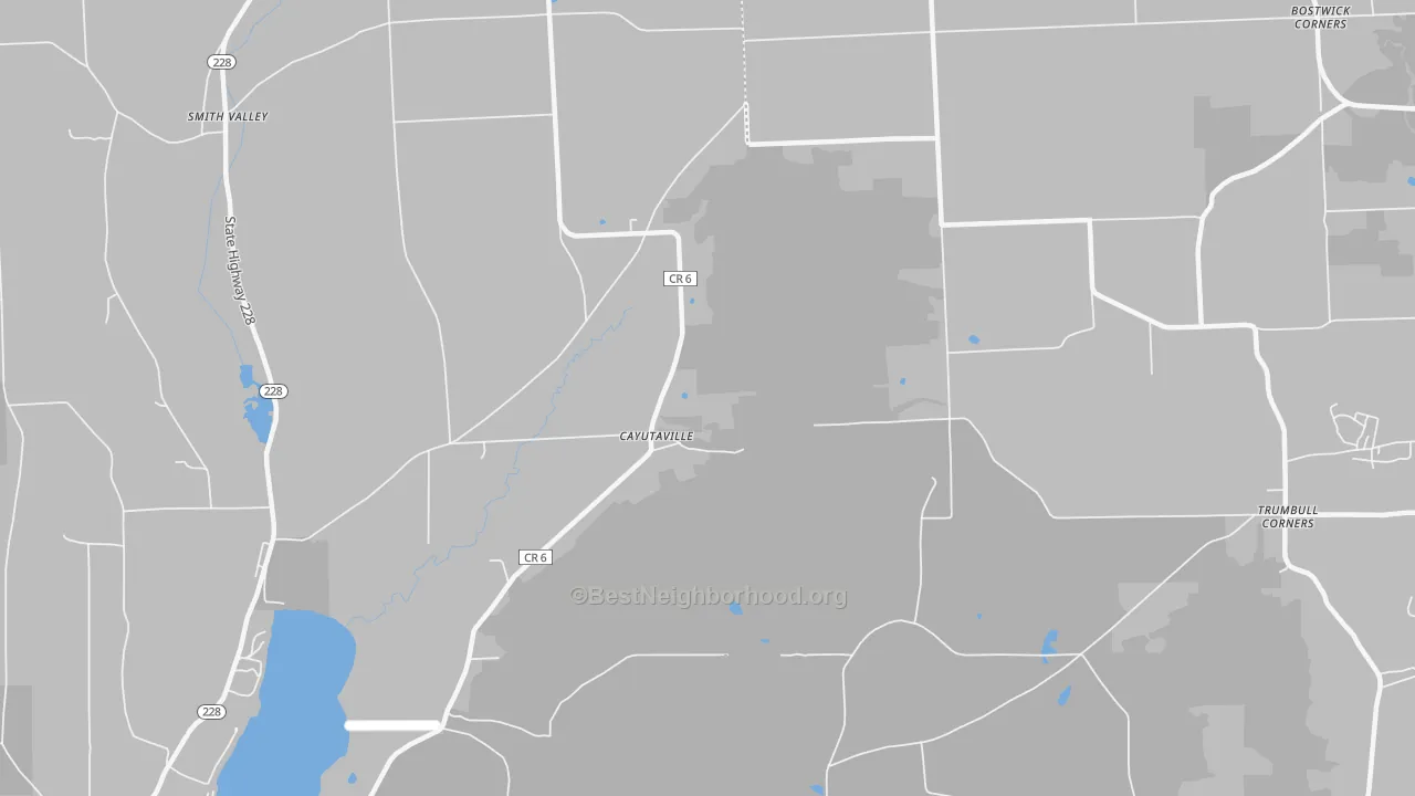 Walk Grade map of Cayutaville, NY, walkable areas in green and car-dependent areas in red