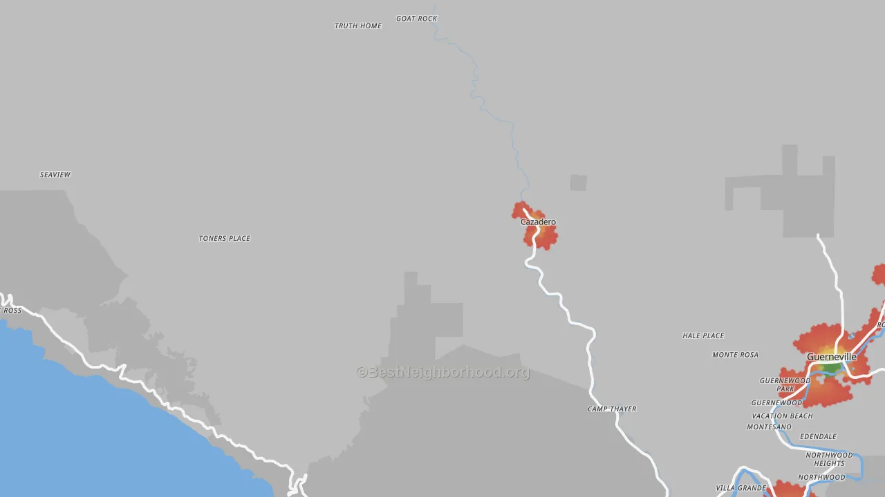 Walk Grade map of Cazadero, CA, walkable areas in green and car-dependent areas in red