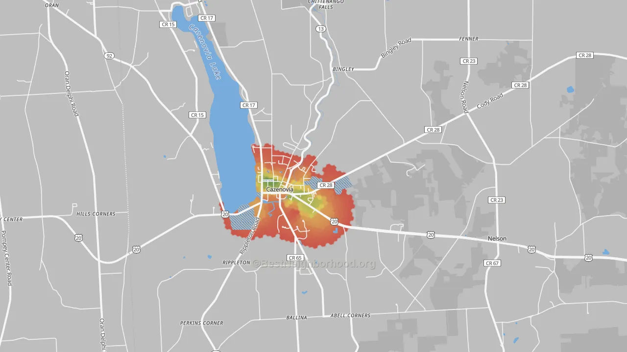 Walk Grade map of Cazenovia, NY, walkable areas in green and car-dependent areas in red