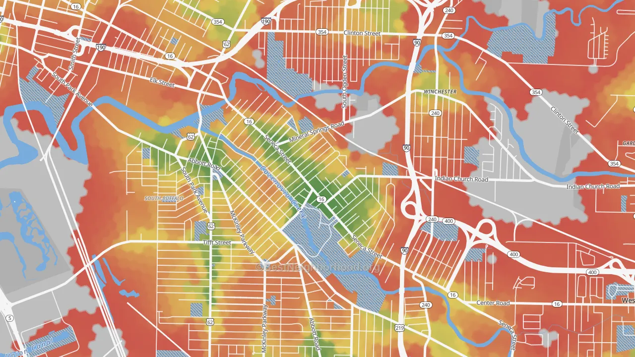 Walk Grade map of Cazenovia Park, Buffalo, NY, walkable areas in green and car-dependent areas in red