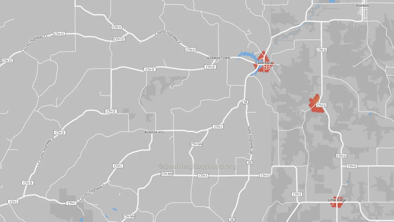 Walk Grade map of Cazenovia, WI, walkable areas in green and car-dependent areas in red