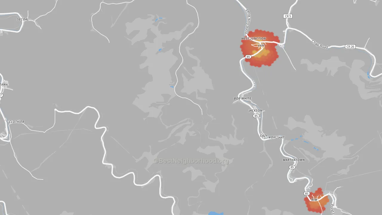 Walk Grade map of Cazy, WV, walkable areas in green and car-dependent areas in red