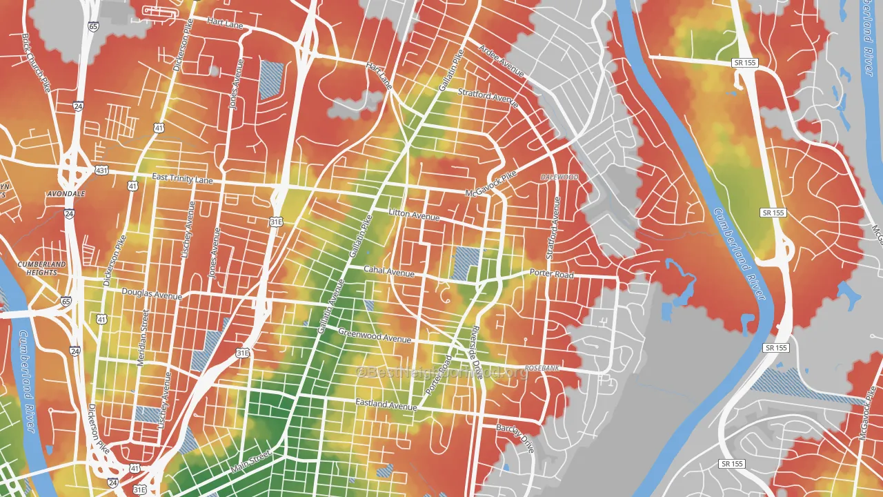 Walk Grade map of CCSI-South Inglewood, Nashville, TN, walkable areas in green and car-dependent areas in red