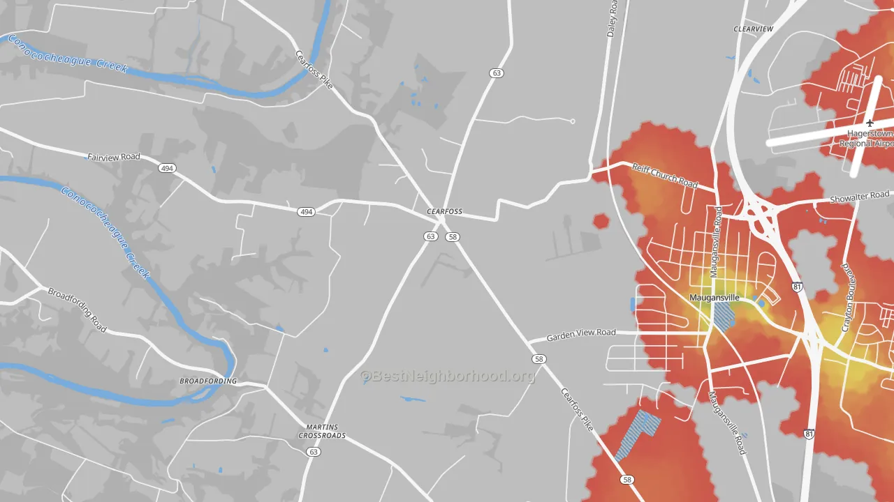 Walk Grade map of Cearfoss, MD, walkable areas in green and car-dependent areas in red