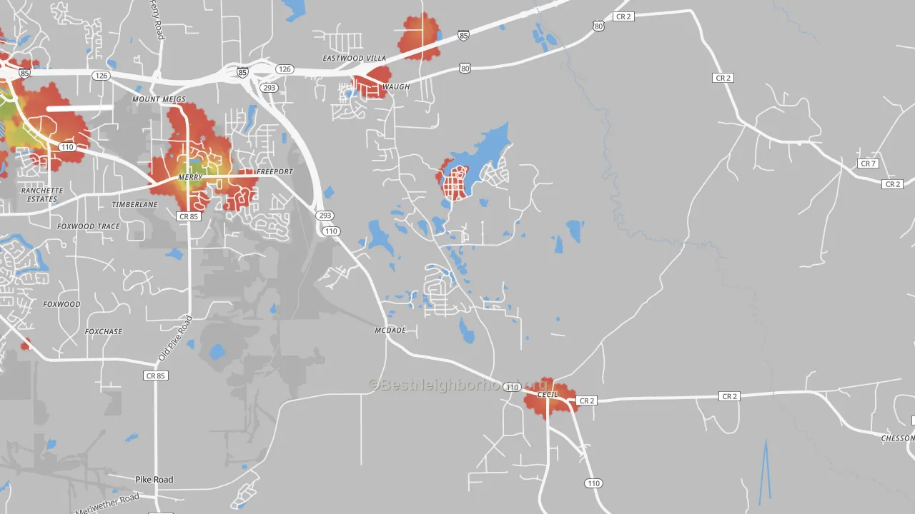 Walk Grade map of Cecil, AL, walkable areas in green and car-dependent areas in red