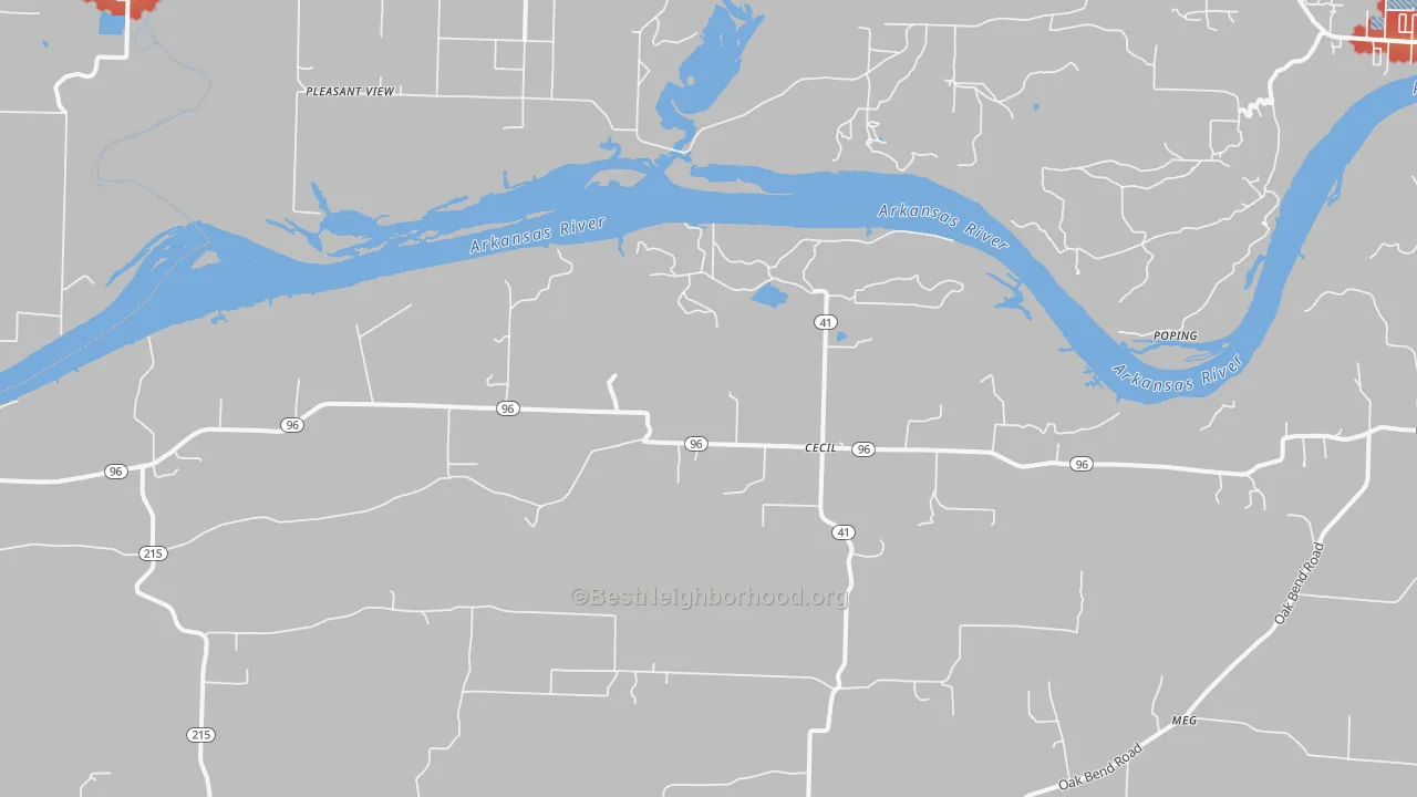 Walk Grade map of Cecil, AR, walkable areas in green and car-dependent areas in red