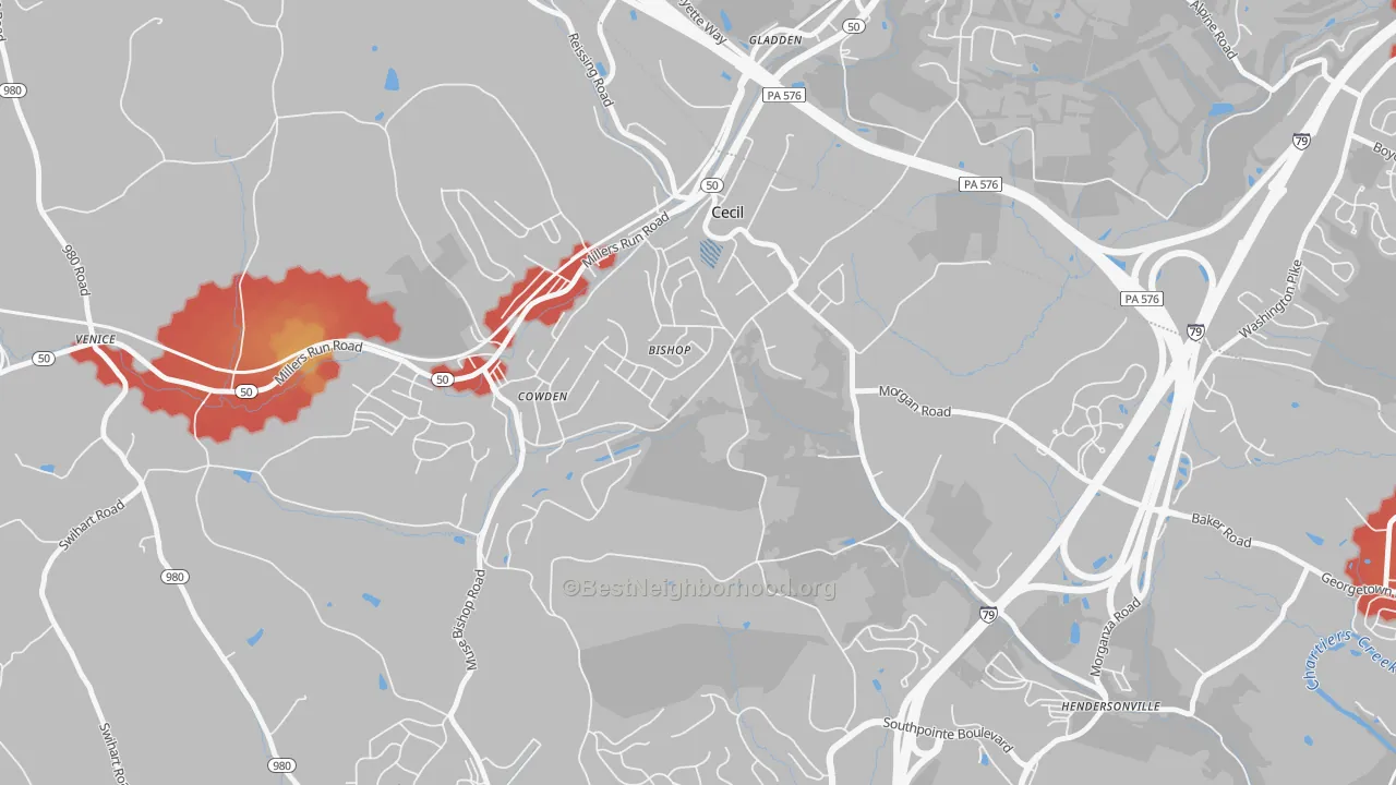 Walk Grade map of Cecil-Bishop, PA, walkable areas in green and car-dependent areas in red