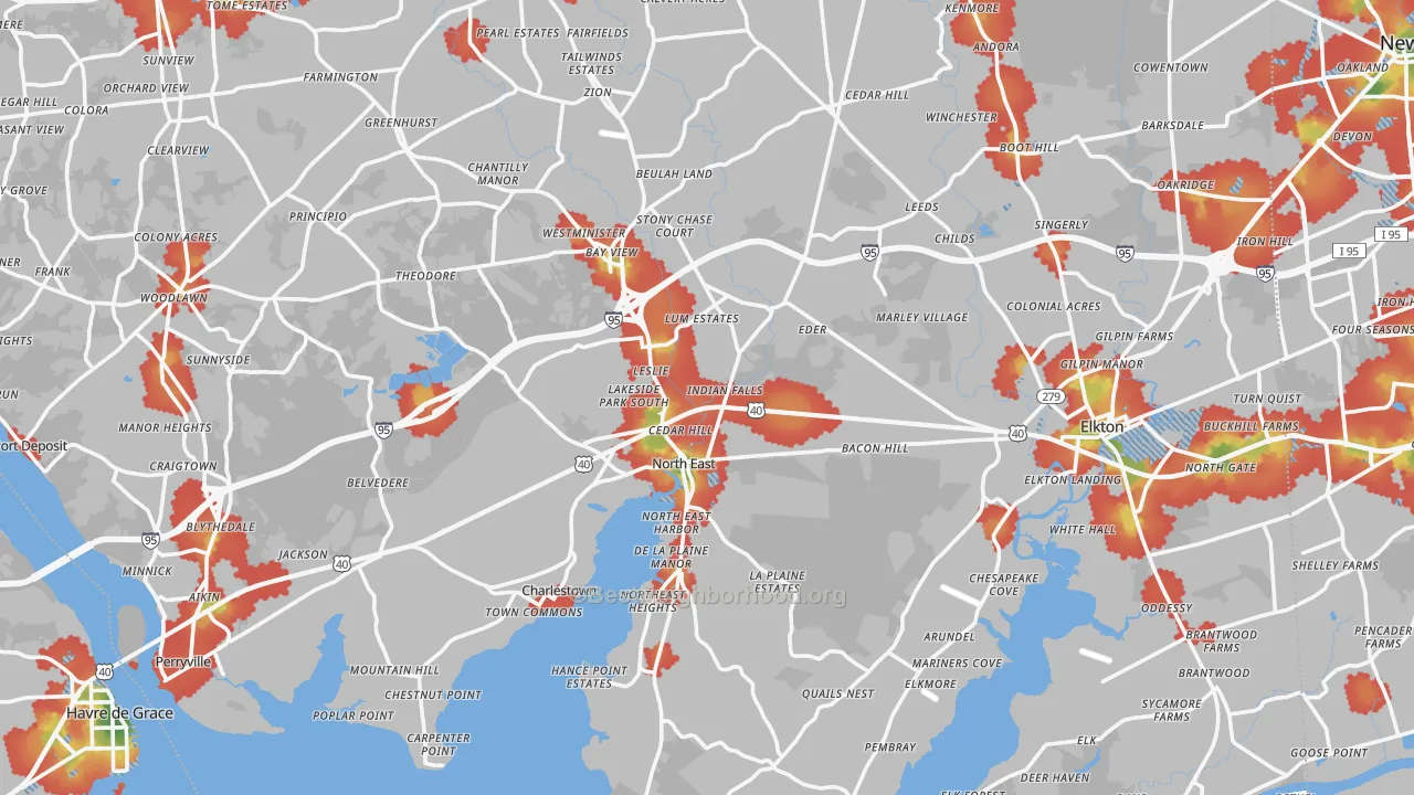 Walk Grade map of Cecil County, MD, walkable areas in green and car-dependent areas in red