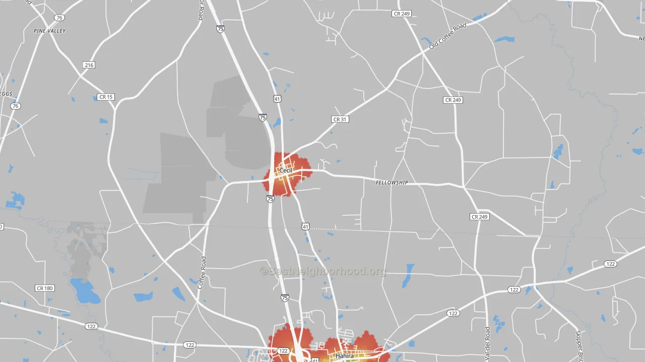 Walk Grade map of Cecil, GA, walkable areas in green and car-dependent areas in red