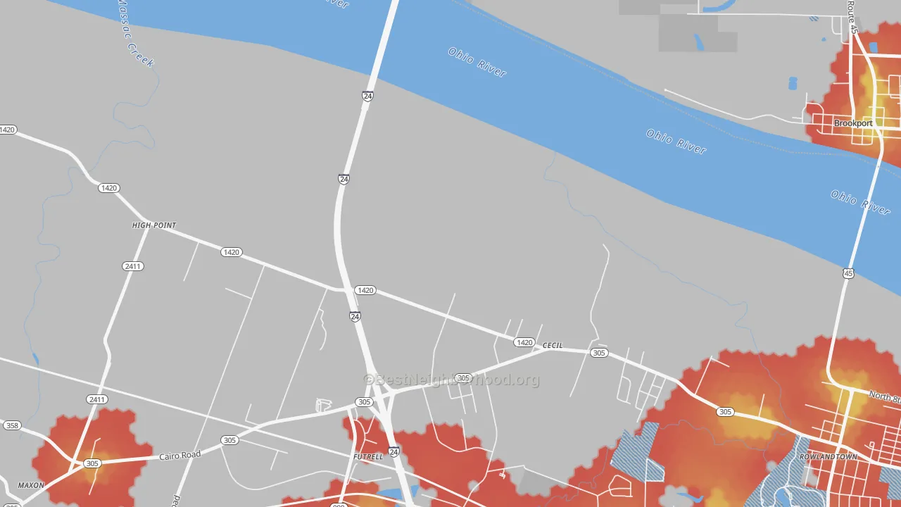 Walk Grade map of Cecil, KY, walkable areas in green and car-dependent areas in red