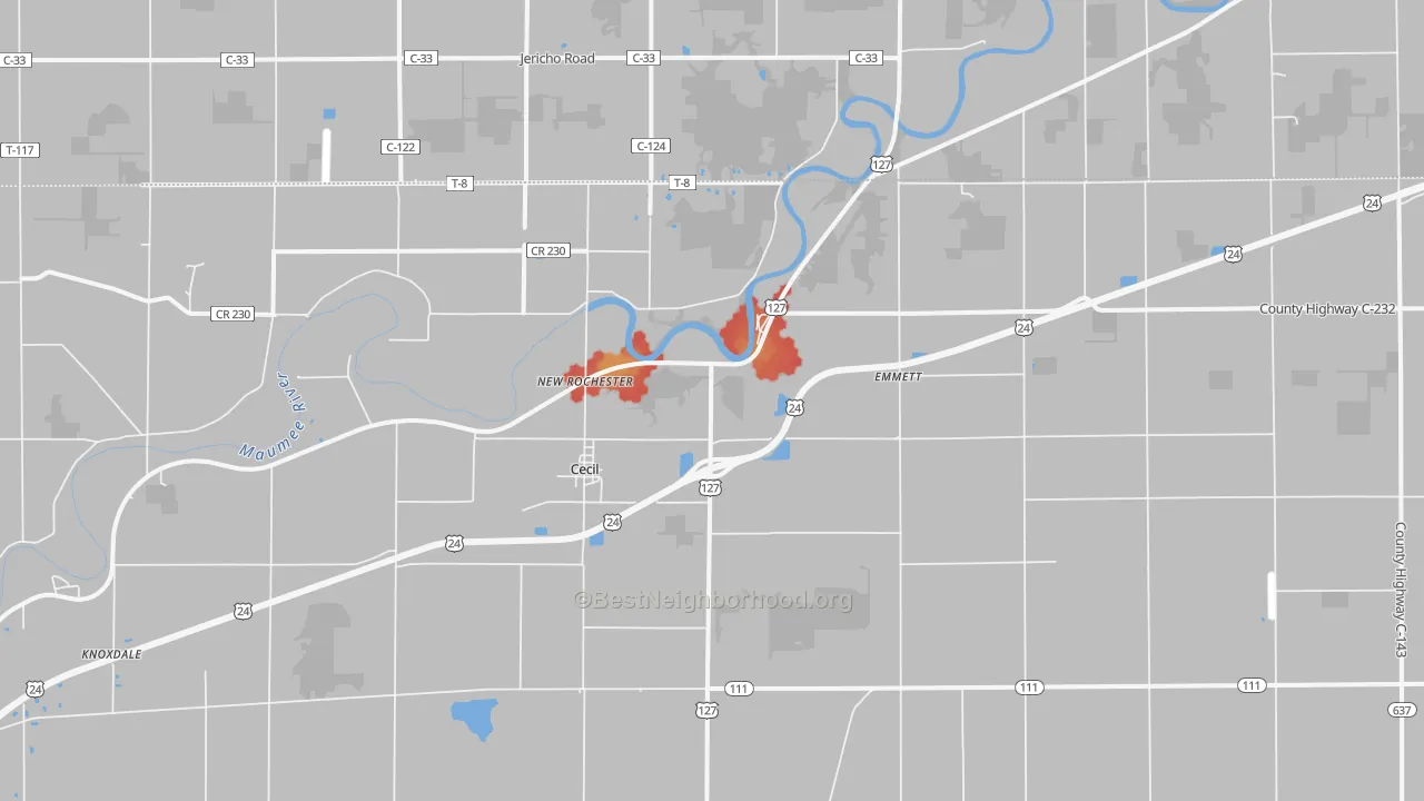 Walk Grade map of Cecil, OH, walkable areas in green and car-dependent areas in red
